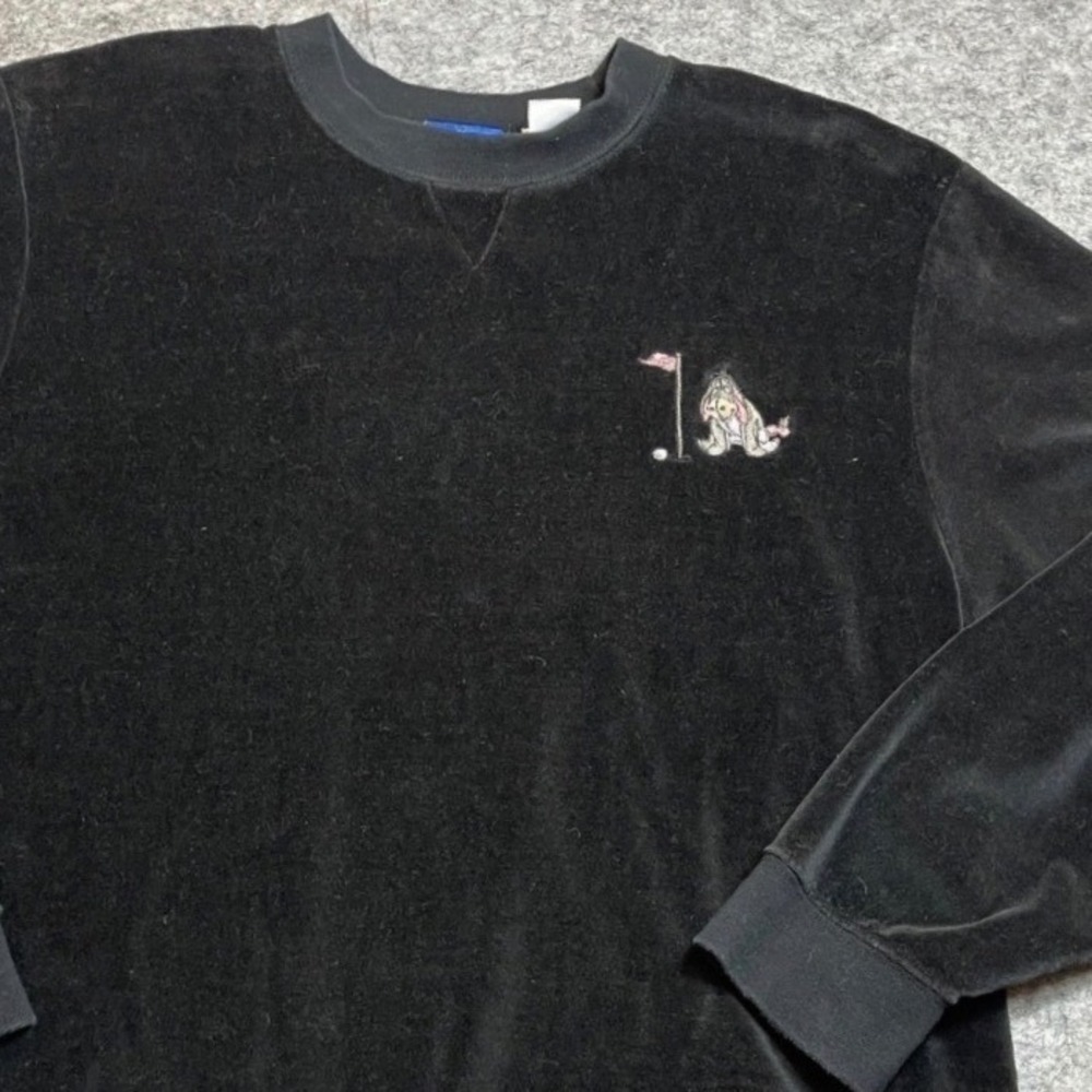 Vtg EP Pro Womens Large Velour Sweatshirt Black Eeyore Pooh Golf Embroidery Y2K